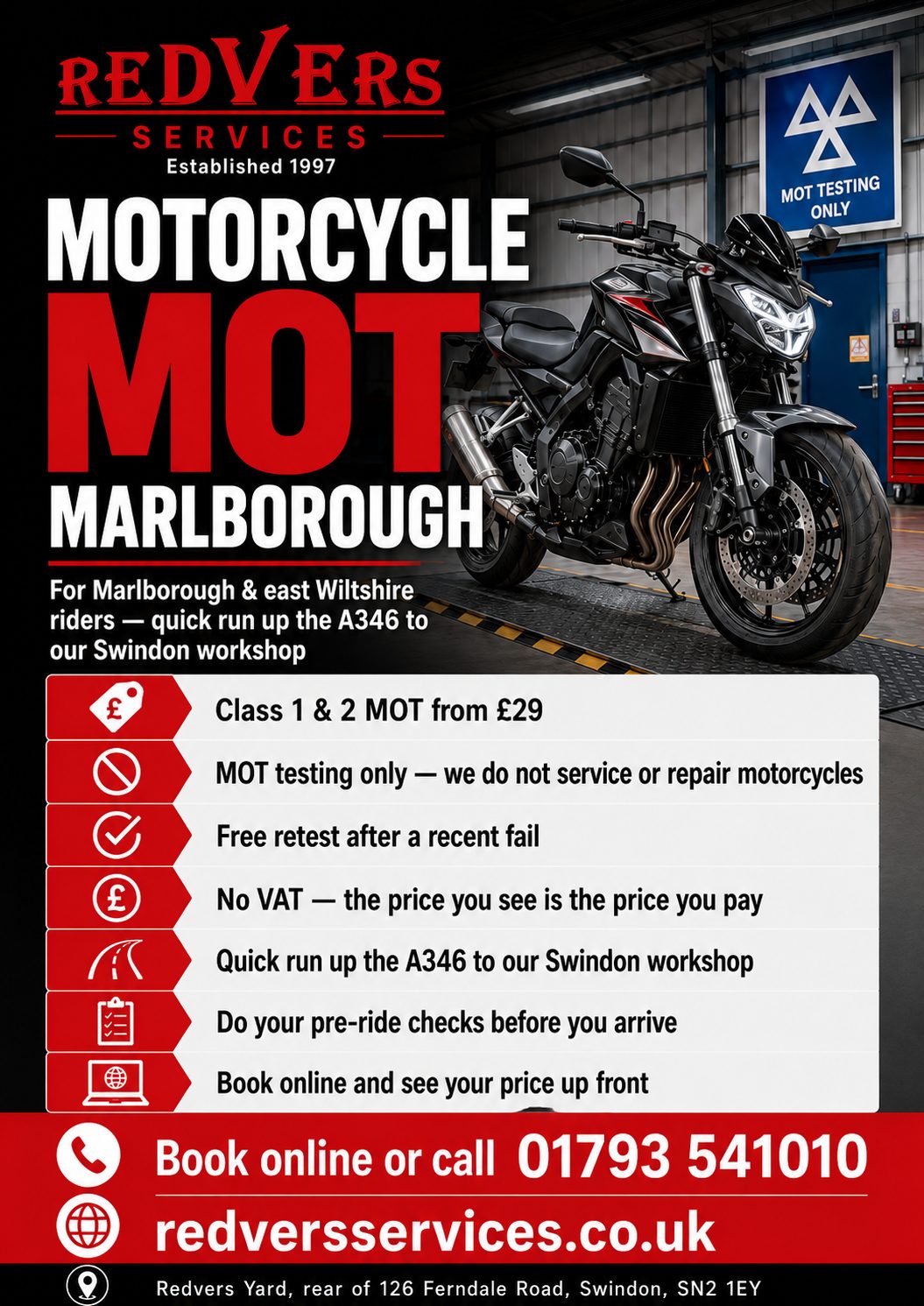 Poster advertising motorcycle MOT testing at Redvers Services in Swindon, with a black motorbike on an MOT bay.