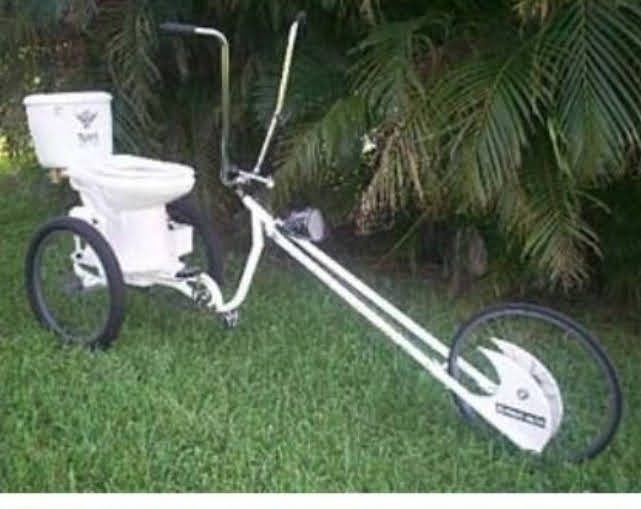 A white tricycle with a ceramic toilet mounted as the seat, parked on grass in front of palm foliage.