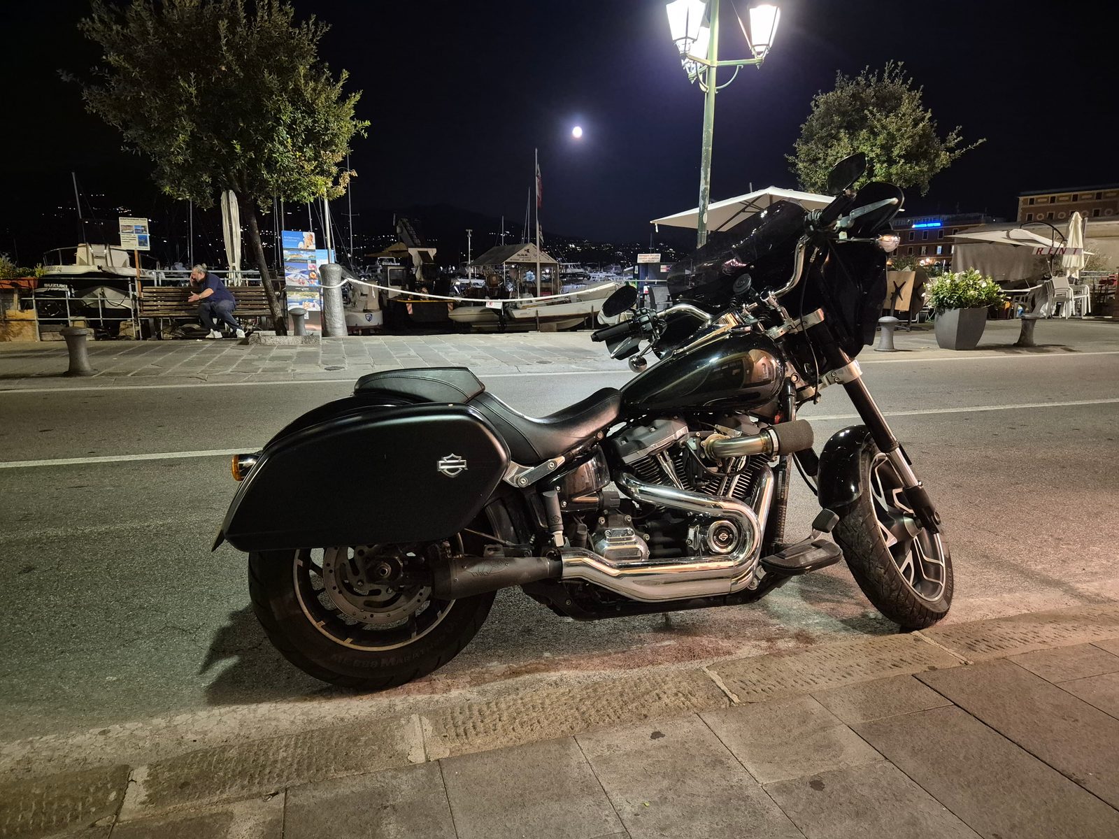 A black Harley-Davidson motorcycle parked by a harbour at night with boats, a street lamp and a full moon in the background.