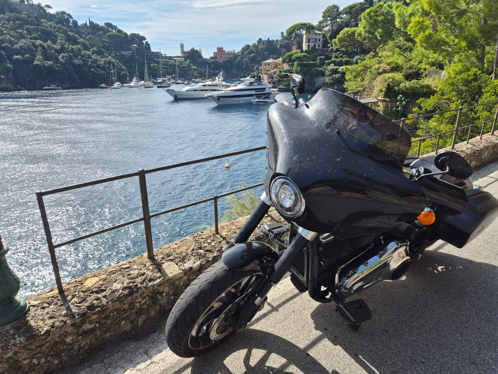 A black Harley-Davidson parked on a road beside a railing overlooking a harbour full of yachts and boats.