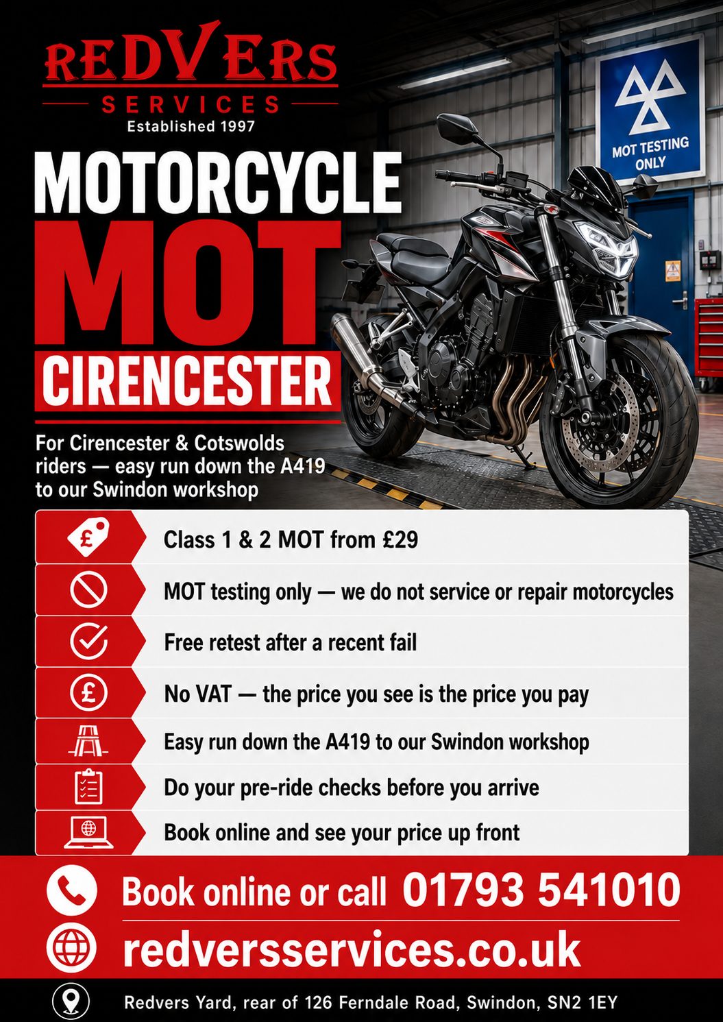 Poster for motorcycle MOT testing at Redvers Services in Swindon, showing a black naked motorcycle on an MOT testing ramp.