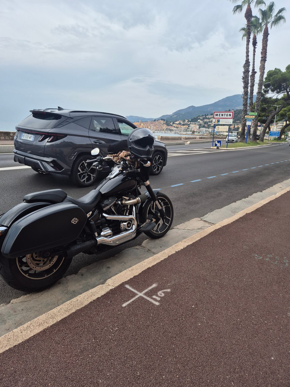 A black Harley-Davidson parked by the road with a MENTON town sign, palm trees and the harbour in the background.