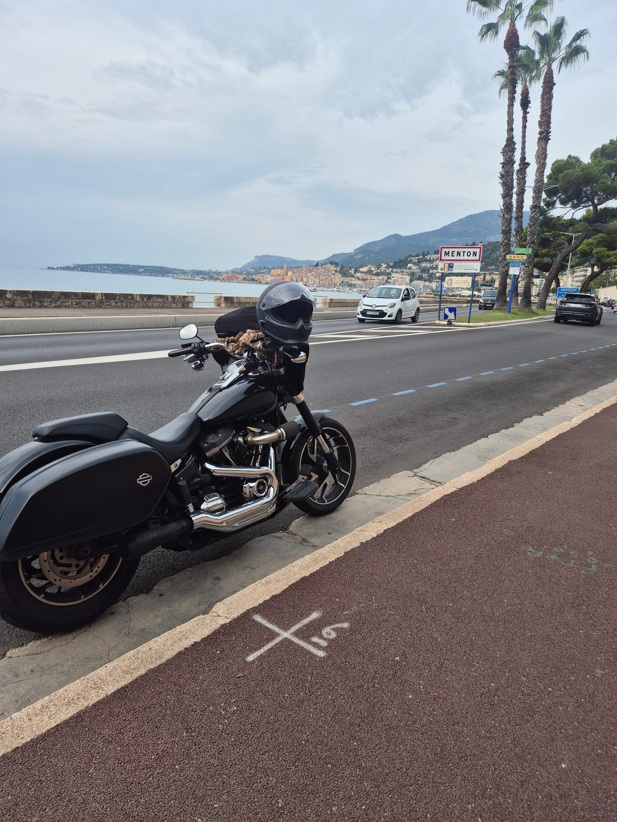 A black Harley-Davidson parked at the roadside by Menton on the French coast, with palm trees and the sea in the background.