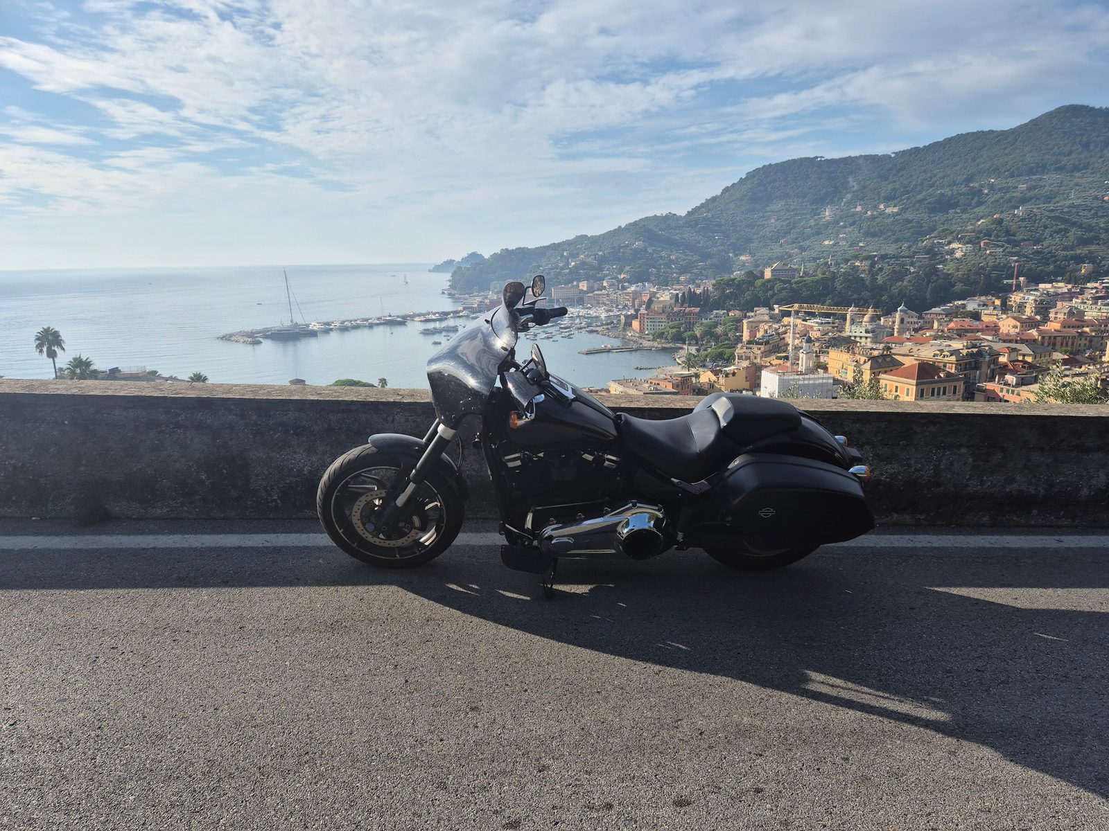 A black Harley-Davidson parked by a low wall overlooking an Italian coastal town, harbour and sea.