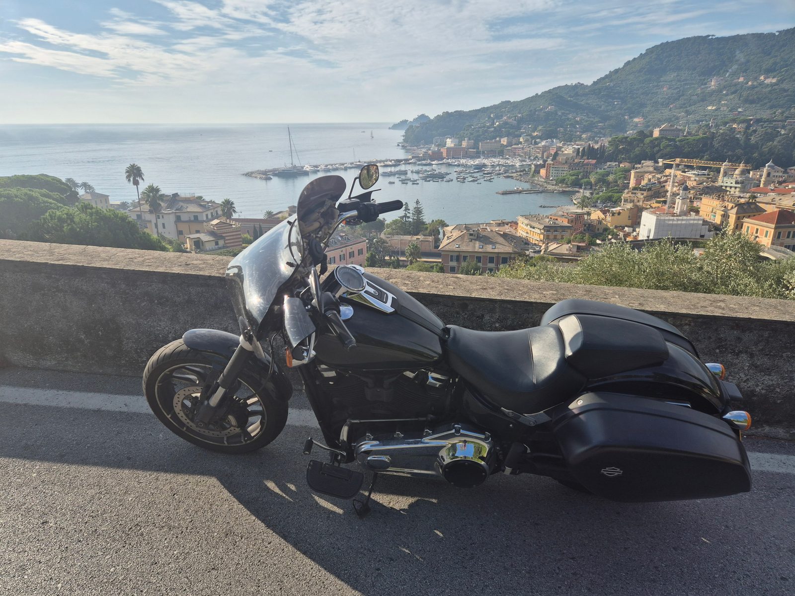 A black Harley-Davidson motorcycle parked by a wall overlooking an Italian coastal town and harbour full of boats.