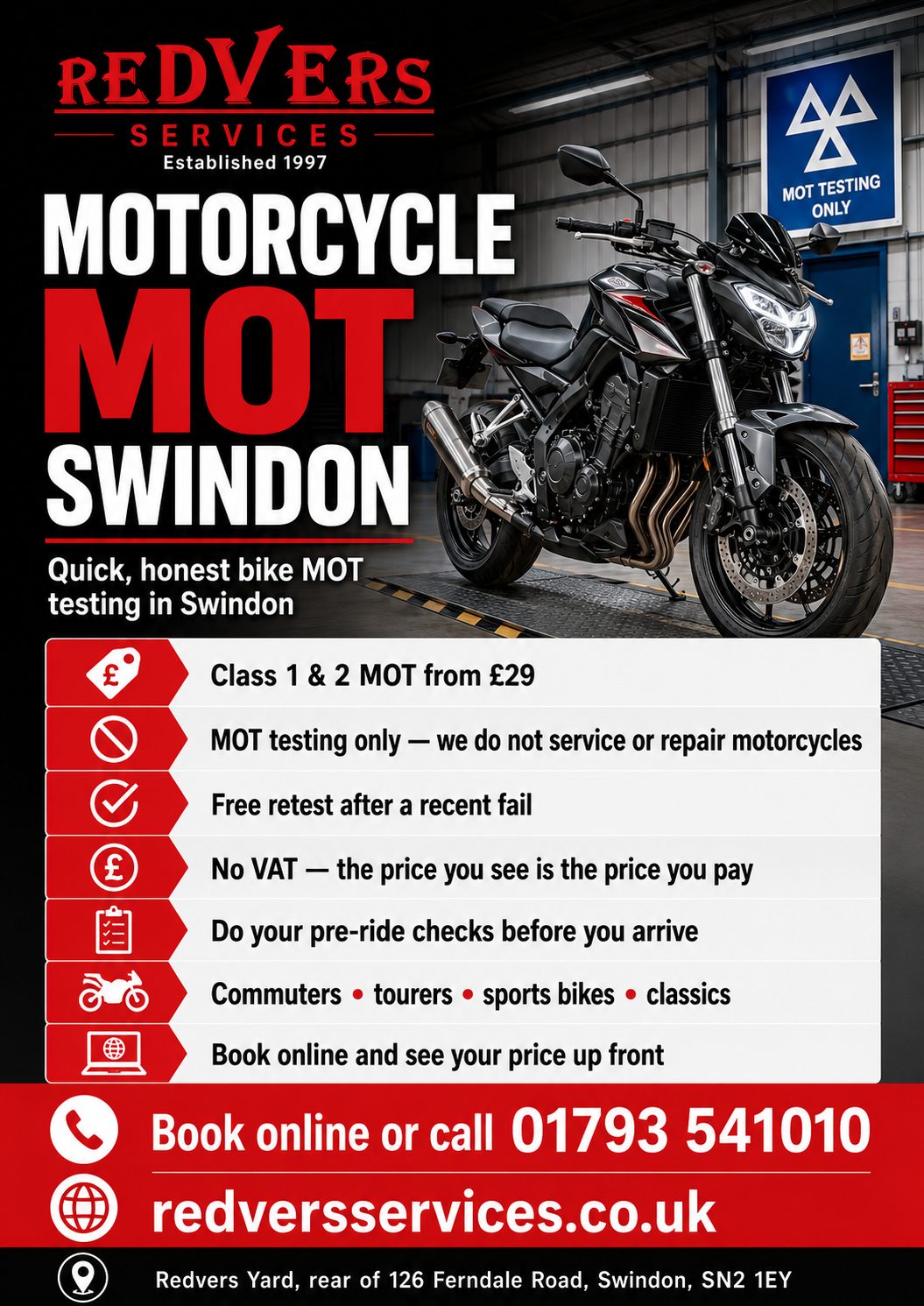Poster for Redvers Services motorcycle MOT testing in Swindon showing a black motorbike in a garage.