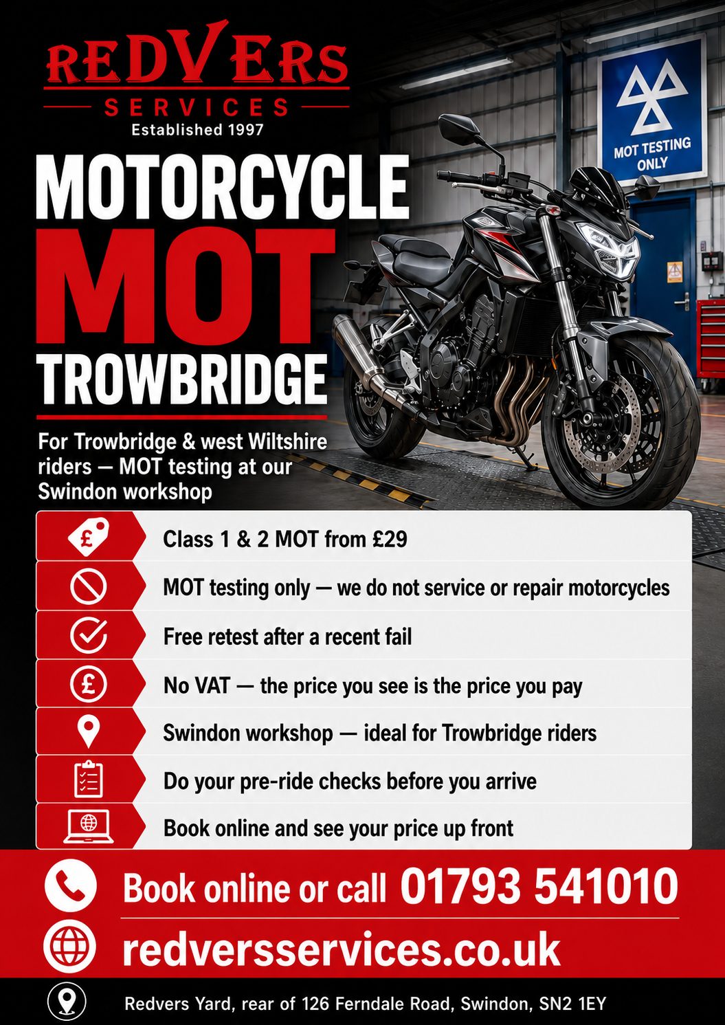 Poster advertising motorcycle MOT testing at Redvers Services in Swindon, with a black motorbike in the workshop.