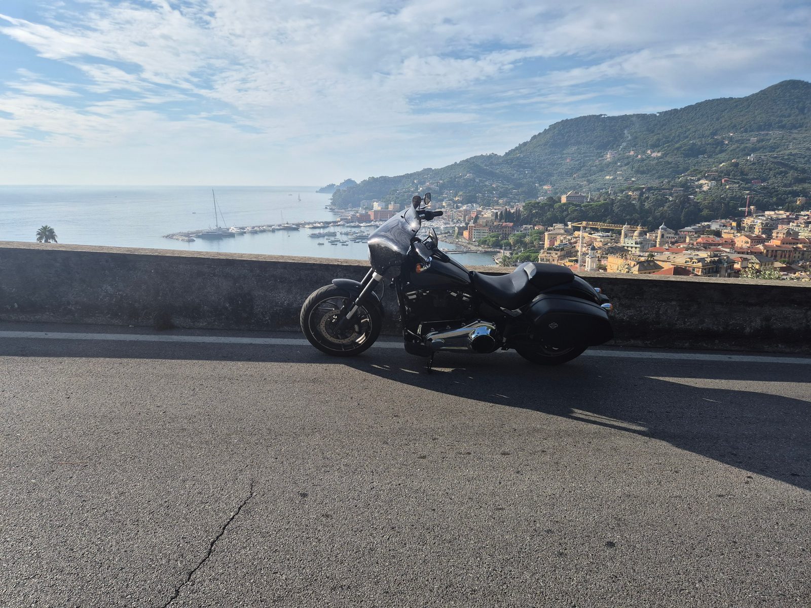 A black Harley-Davidson parked on a coastal road overlooking an Italian harbour town and the sea.