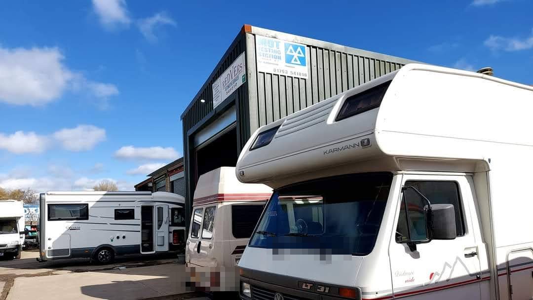 Motorhomes lined up for testing in Swindon